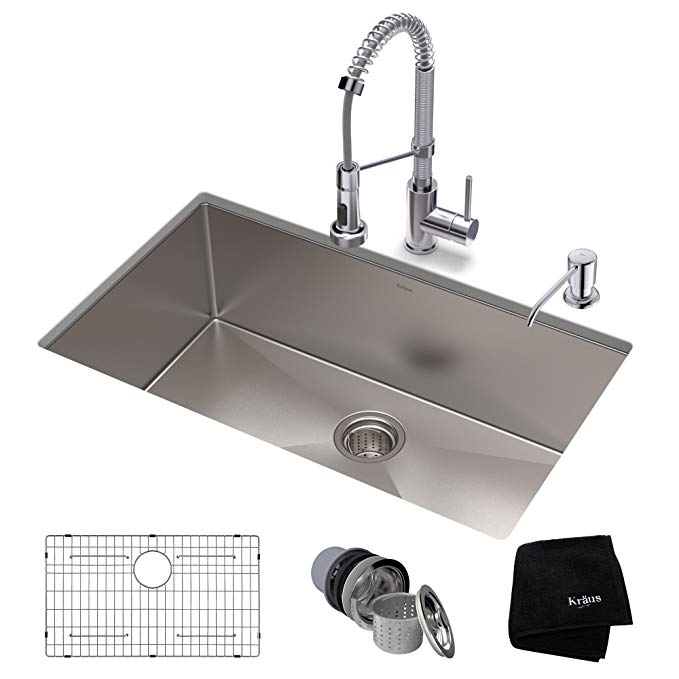 KRAUS KHU100-30-1610-53CH Set with Standart PRO Stainless Steel Sink and Bolden Commercial Pull Faucet in Chrome Kitchen Sink & Faucet Combo, 30 Inch,