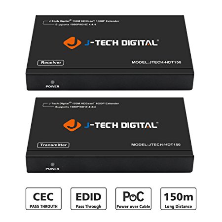 J-Tech Digital Long Range HDMI Extender over Cat6 150m/492ft HDBaseT 1080P Extender PoC, Bi-directional IR, supports Dolby Digital, DTS, with EDID, CEC, & RS-232 Passthrough (JTECH-HDT150)