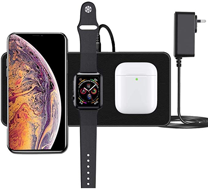 JE Fast Wireless Charge Pad, 3-in-1 Charging Stand Dock Station Compatible Apple Watch Series 4/3/2/1, AirPods 2, iPhone11/11 Pro/11 Pro Max XR 8Plus, Galaxy Phone (Adapter incloud)