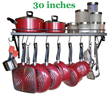 30" Wall mounted pots and pans rack. Pot holders wall shelves with 10 hooks. Kitchen shelves wall mounted with wall hooks. Kitchen storage pot holder pot rack. Pot pan organizer. Pot Pan rack.