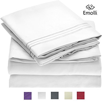 Emolli Bed Sheet Set,Supreme Collection 1800 Double Brushed Microfiber Luxury Bed Sheets Set With Anti-wrinkle, Anti-fade, Stain Resistant, Hypoallergenic, 4 Pieces - White (Queen Size)