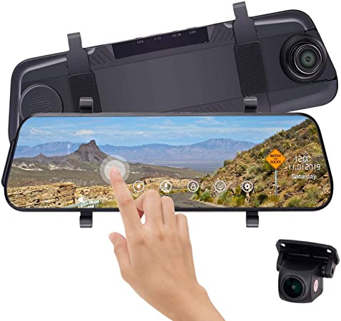 Leekooluu Mirror Dash Cam 10 Inch Touch Screen 1080P Rear View Mirror Camera Front and Rear Dual Lens Backup Camera Parking Monitor,G-Sensor, Night Vision, Loop Recording