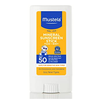 Mustela Baby Mineral Sunscreen Stick SPF 50 Broad Spectrum - Face & Body Sun Stick with 70% Organic Ingredients - Ultra Sheer, Water Resistant & Fragrance-Free - 0.6 oz.