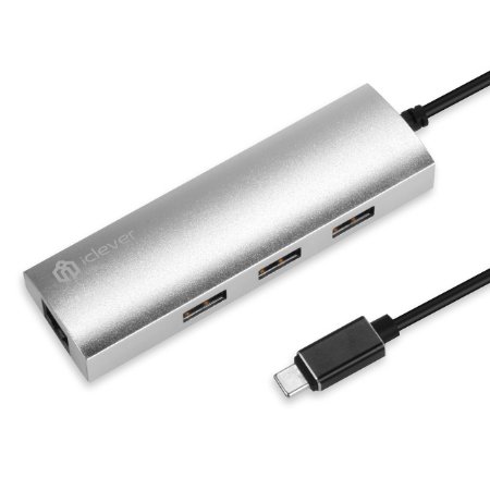 iClever USB-C to 3-Port USB 3.0 Hub with Ethernet Adapter, Silver Aluminum