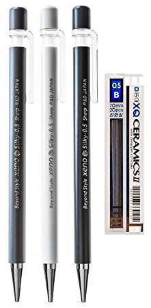 Xeno Silky Sharp Mechanical Pencil 0.5mm R&D Japan (3-Pack   Lead, Gray/White/Black)