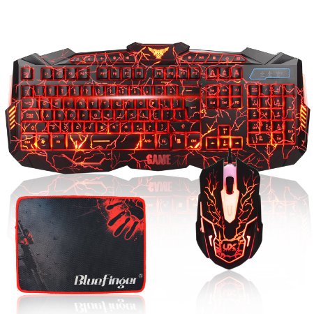BlueFinger Three Color Adjustable Gaming Keyboard and Automatic Metamorphic Seven Color Backlit Mouse for Windows with Mouse Pad - Crack