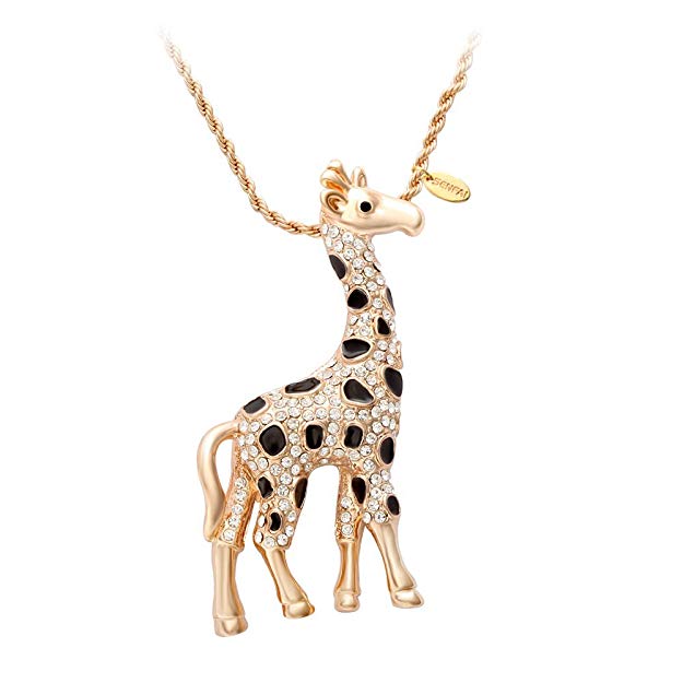 SENFAI Giraffe Deer Pretty Black Enamel Crystal Sweater Pendant Necklace Three Color