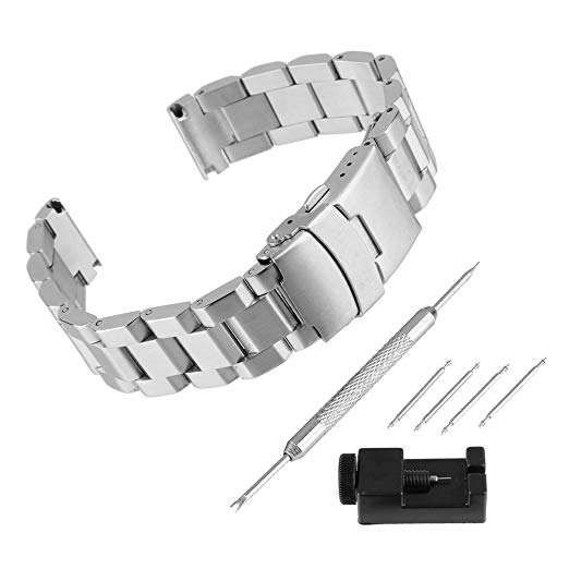 Bewish Unisex Silver Stainless Steel Bracelet Strap Watch Band Replacement Single Locking Clasp Kit