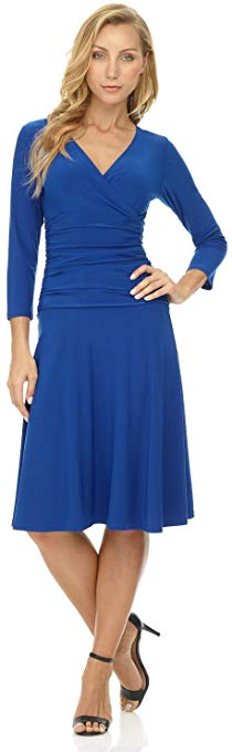 Rekucci Women's Slimming 3/4 Sleeve Fit-and-Flare Crossover Tummy Control Dress