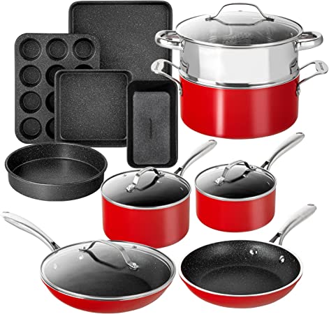 Granitestone Pots and Pans Set Nonstick, 15 Pc Kitchen Cookware Set & Bakeware Set, Ultra Durable Pots and Pans for Cooking with Nonstick Coating, Dishwasher Stovetop & Oven Safe, Healthy & Toxin Free