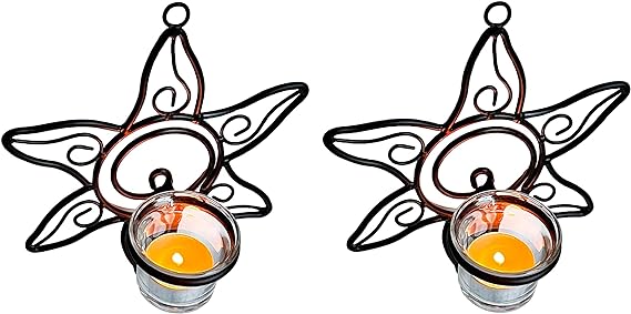 Lily’s Home Southwestern Sun Decorative Votive Candle Tea Light Wall Mount Sconces, Black Steel, with Clear Glass Tealight Candle Holders, Set of 2