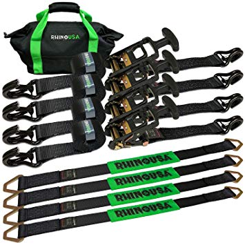 Rhino USA Heavy Duty Vehicle Tie Down Kit - 11,128lb Guaranteed Break Strength - Use for Car, Truck, UTV - (4) Premium 2" x 8' Ratchet Straps with Padded T-Handles   (4) Axle Strap Tie Downs