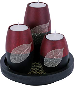 Baimai Tea Light Candle Holder Set of 3 with Real Leaf Decorative Candle Holders, Wood Tray