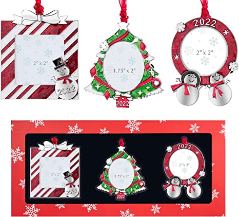 GUOER 3PCS Christmas Tree Snowflake Picture Frame Ornaments Set Holiday Keepsake Gift Home Decor Christmas Decorations Xmas Gifts Pendant with 2” Photo Frame Insert (Christmas Tree Set)
