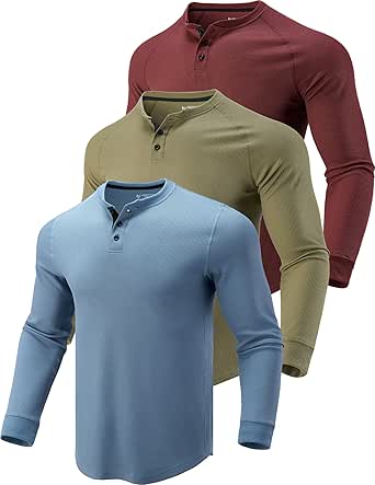 3 Pack Mens Long Sleeve Waffle Henley Shirts Thermal Casual Fit Fashion Lightweight Apparel