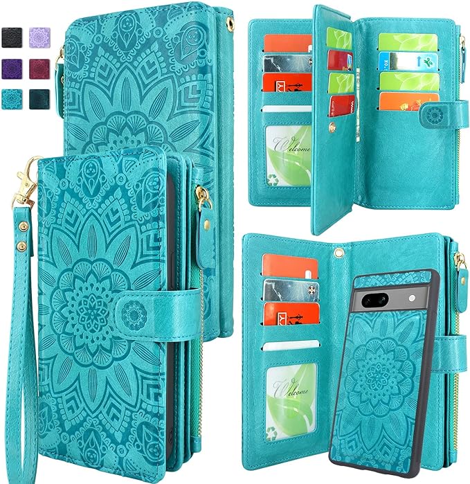Harryshell Detachable Magnetic Case Zipper Wallet Leather Phone Cover with Cash Coin Pocket 12 Card Slots Holder Wrist Strap Lanyard for Google Pixel 7A 5G 2023 (Flower Blue Green)