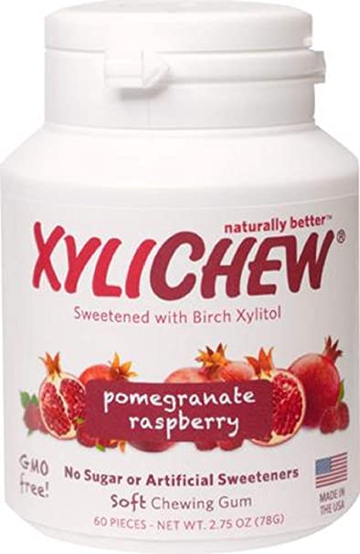 Xylichew 100% Xylitol Chewing Gum Jar - Non GMO, Gluten, Aspartame, and Sugar Free Gum - Natural Oral Care, Relieves Bad Breath and Dry Mouth - Pomegranate Raspberry (60 Count)