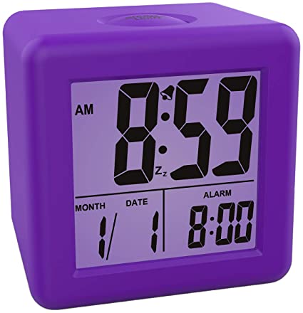 Plumeet Digital Alarm Clocks - Kids Clock with Snooze and Purple Nightlight - Easy Setting Travel Alarm Clocks Display Time, Date, Alarm - Ascending Sound - Battery Powered (Purple)