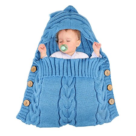 Newborn Baby Swaddle Blanket, AOFU Baby Wrap Swaddle Blanket, Infant Warm Soft Knitted Sleep Sack Sleeping Bag for 0-12 Month Baby (Blue)