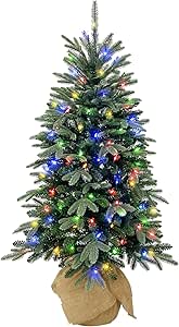 Hykolity 4 ft Prelit Christmas Tree with 643 PE & PVC Realistic Branch Tips, Artificial Decorated Burlap Christmas Tree with 150 Color Changing LED Lights, 10 Color Modes