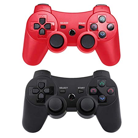 CHENGDAO PS3 Controller Wireless 2 Pack Double Shock Gamepad for Playstation 3 Remote, Sixaxis Wireless PS3 Controller with Charging Cable (Red   Black)