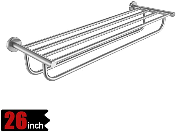 JQK Bathroom Towel Rack, Towel Shelf with 24 Inch Double Bar, Rustproof 304 Stainless Steel Wall Mount Holder, Brushed, TRK100-BN