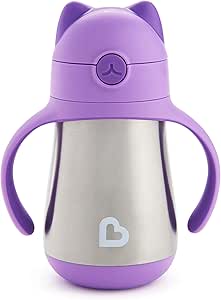 Munchkin Vaso de Aprendizaje para Bebé de Acero Inoxidable con Pajita, Taza Antivuelco y Antigoteo para Bebés,  18 meses, Vaso Entrenador para Bebidas Frías y Calientes - Morada (237ml