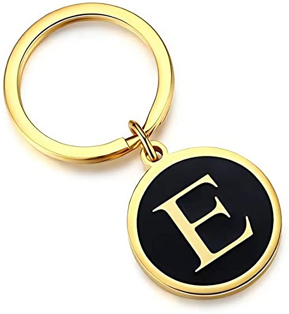 Stainless Steel Alphabet Initial Letter Round Dog Tag Circle Key Ring (gold, E)