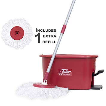 Fuller Brush Spin Mop Exclusive Bucket System - Easy Wring, 360° Spin - Streak Free Floor Cleaning - Ruby Red (1 Extra Refill Mop Head)