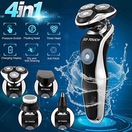 Electric Shavers for Men, Mens Electric Razor 4 in 1 Dry Wet Waterproof Rotary Shaver Portable Face Shaver Travel Rechargeable USB Cordless with Nose Trimmer Facial Cleaning Brush for Dad Husband Man