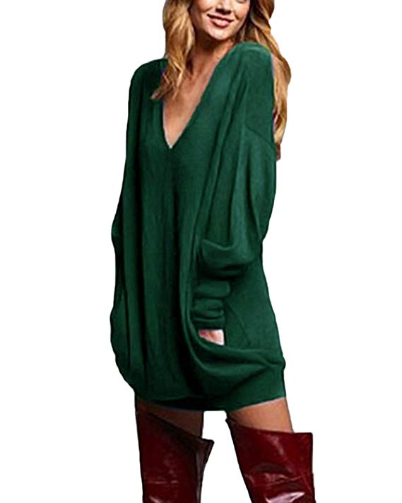 ZANZEA Women's V-Neck Long Sleeve Loose Blouse Jumper Tops Mini Dress Pullover