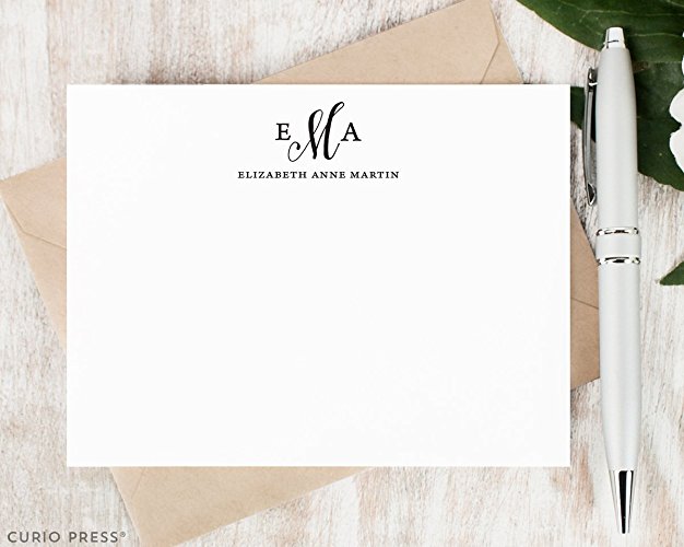 PRETTY MONOGRAM - Personalized Flat Stationery Set - Classic Monogrammed Simple Professional Business Note Cards, Custom Thank You Cards, Notecards and Envelopes, Stationary