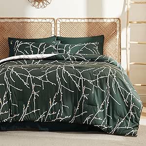 Bedsure Forest Green Queen Comforter Set - 7 Pieces Floral Bedding Sets Queen Bed in a Bag with Reversible Botanical Tree Branch Comforter, Sheets, Pillowcases & Shams