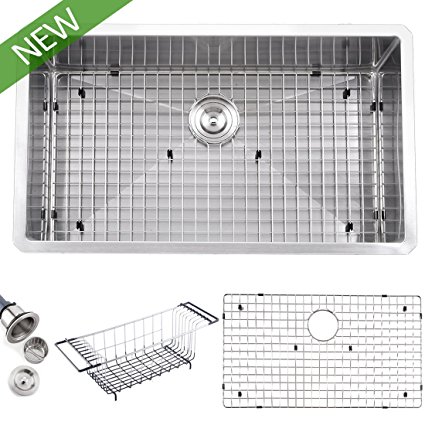 VCCUCINE Best Commercial 30 Inch 18 Gauge Farmhouse Undermount Single Bowl Stainless Steel Kitchen Sinks, Satin Brushed Finish Kitchen Sinks With Dish Drying Rack and Dish Grid