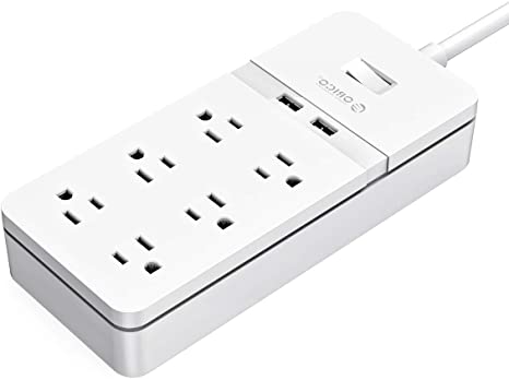 ORICO Power Strip Extension 6 Outlet 2 USB Charger Flat Plug Power Bar with 5 Feet Power Cord for Home, Office - White