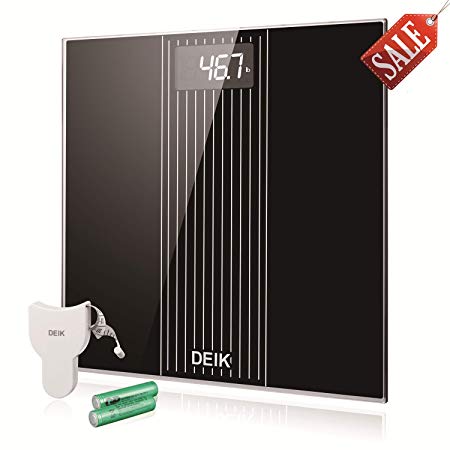 Digital Bathroom Scales with High Precision Sensors and Tempered Glass, Large LCD Backlight Display, Tempered Glass Scale with Free Body Tape Measure, Deik (Elegant Black)