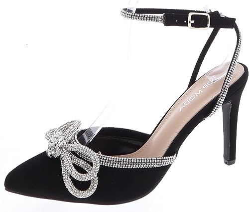 TOP Moda Women's High Heels Closed Toe Rhinestone Bow Ankle Strap Pumps Dress Shoes