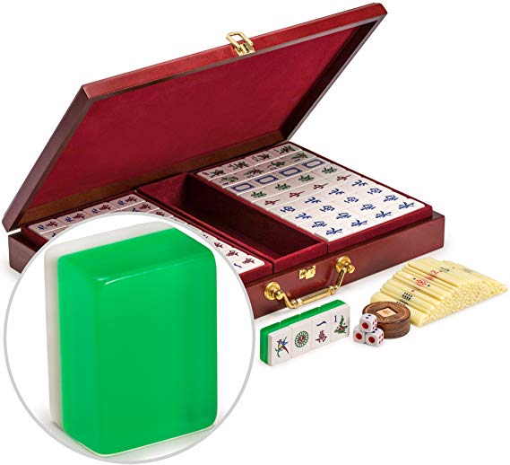 Yellow Mountain Imports Chinese Mahjong Set, Translucent Green Tiles Emerald - Set of Scoring Sticks, Dice & Wooden Wind Indicator - for Chinese Style Gameplay Only
