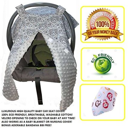 Luxurious Baby Car Seat Canopy - 100% Eco-Friendly, Velcro Opening, Custom Fit, Multipurpose Use Blanket In A Gender Neutral Design - Perfect Baby Shower Gift - With Bonus Bandanna Bib (Grey)