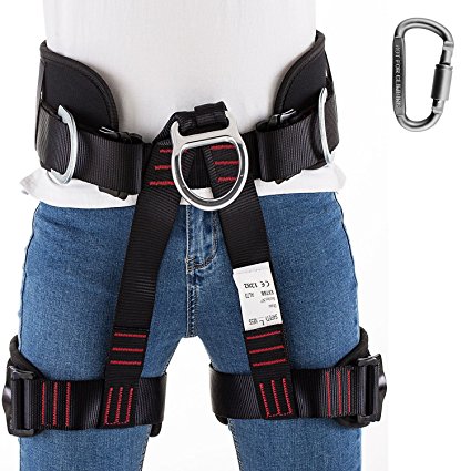 Climbing Harness,Half Body Harness Safe Seat Belt For Rock Climbing/Mountaineering/Fire Rescue/Working on the Higher Level/Rappelling Equip-with FREE Locking Carabiner (Black)