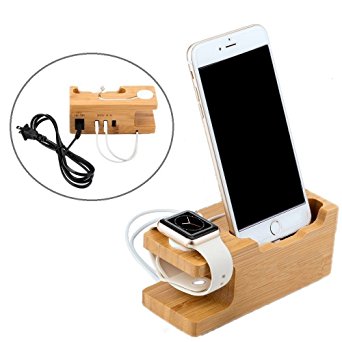 Ewolee Apple Watch Stand,Bamboo Wood Holder With 3 USB Ports 3.0 Hub for iPhones and Other Smartphones