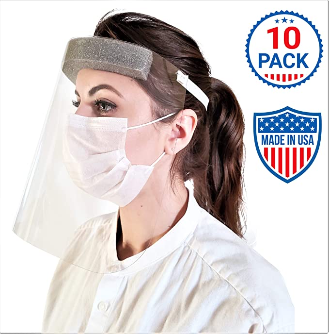 Face Shields with Protective Clear Film, Elastic Band and Comfort Sponge. Eye Protection. (Pack of 10)
