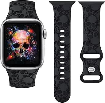 Wearlizer Skull Engraved Silicone Bracelet Compatible with Apple Watch Band 38mm/40mm/41mm/42mm/44mm/45mm/46mm/49mm Women Men, Sport Wristbands for iWatch Bands Series 10/9/8/7/6/5/4/3/2/1/SE/Ultra