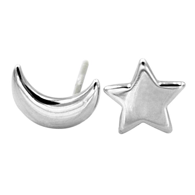 Wicary One Pair Set of Sterling Silver Star and Moon Stud Earring