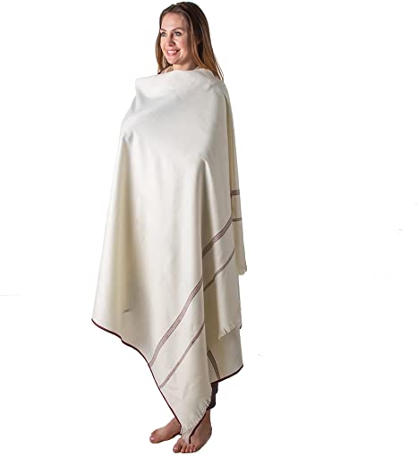 Meditation Shawl by Om Shanti Crafts | Prayer Shawl Buddha Blanket Oversize Scarf Or Wool Wrap to Strengthen Your Daily Meditation Practice (Extra Large 8'x4') Ivory
