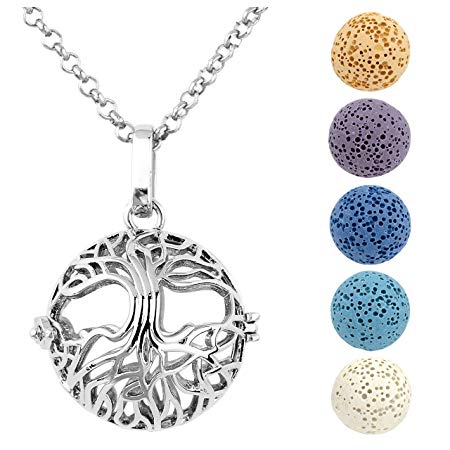 JOVIVI Antique Silver Tree of Life Aromatherapy Essential Oil Diffuser Necklace Locket Pendant with 5 Dyed Lava Stone Beads