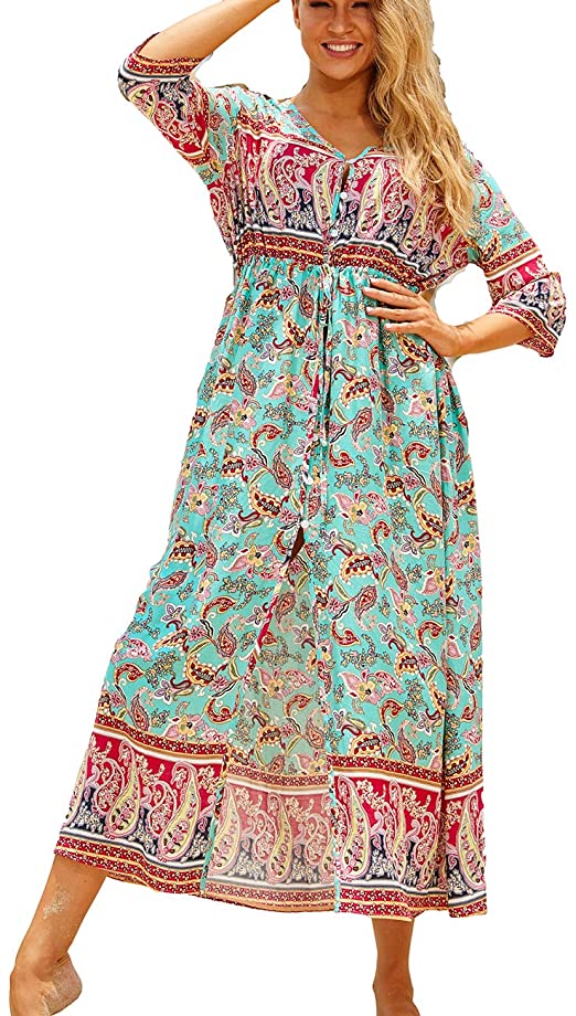 Bsubseach Women's Print Turkish Kaftan Beachwear Bikini Cover Up Maxi Dress