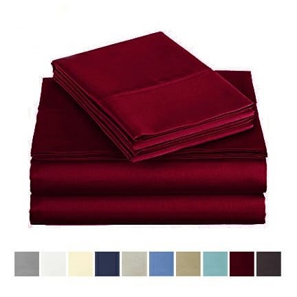 500 Thread Count 100% Long Staple Cotton Sheet Set, Queen Sheets, Luxury Bedding, Queen 4 Piece Set , Smooth Sateen Weave, Burgandy, by Audley Home
