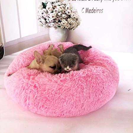 XIAJIE Pet Bed, Fluffy Luxe Soft Plush Round Cat and Dog Bed, Donut Cat and Dog Cushion Bed, Self-Warming and Improved Sleep, Orthopedic Relief Shag Faux Fur Bed Cushion