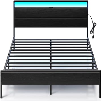 Rolanstar Bed Frame with USB Charging Station, Full Bed Frame with LED Lights Headboard, Platform Bed with Strong Metal Slats, Under Bed Storage Clearance, No Box Spring Needed, Noise Free